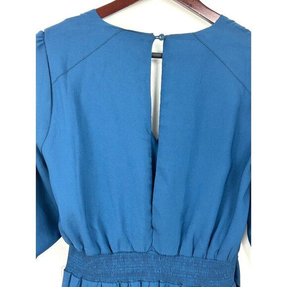 Maude Womens Size L Blue Mini Dress Faux Wrap Roll Tab Sleeves Lined Flowy U3 - Picture 7 of 12